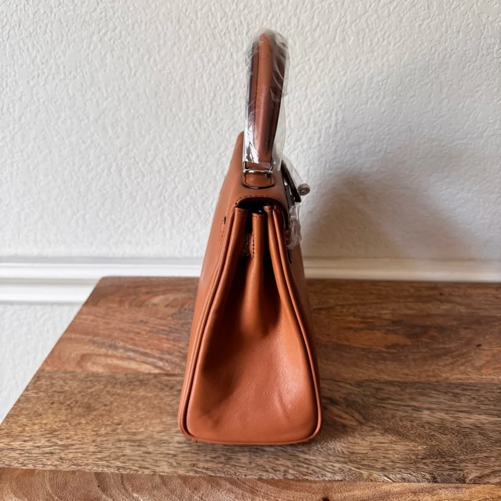 LEATHER INSIDE & OUT | Tan Orange 25 KL Belted Satchel Bag Dual Wide Strap B4 - Picture 4 of 13